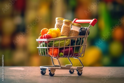 Colorful shopping cart filled with canned food and vegetables against a blurred background. Generative AI