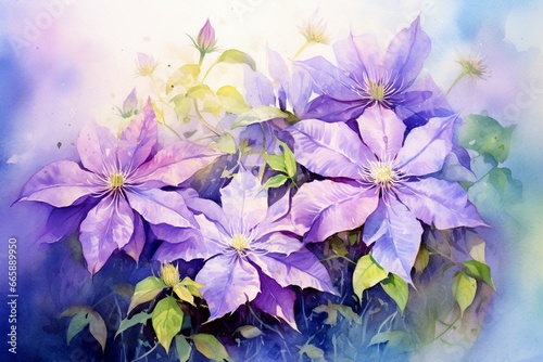 Colorful watercolor illustration of clematis flowers against a spring-summer background. Generative AI photo