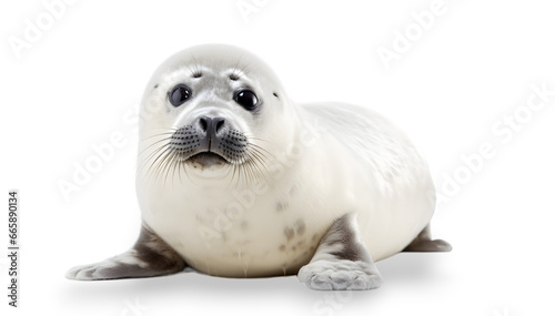 A young harp seal with a light colored fur coat and dark brown spots looking at the camera. isolated on transparent background. 