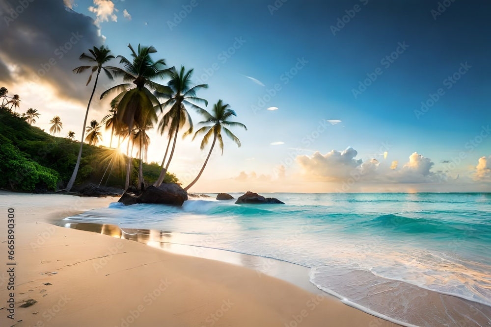 Imagine yourself on a pristine white sandy beach with crystal-clear turquoise waters, palm trees swaying gently in the breeze, and vibrant tropical flowers. This wallpaper brings a sense of relaxation