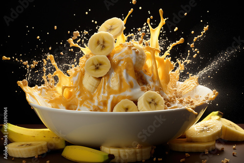A banana being dropped into a bowl of yogurt is captured in a dynamic and action-filled shot with modern camera techniques