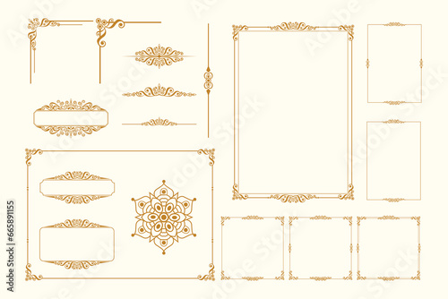 Set Of Golden Vintage ornament with border, frame, crown, mandala and luxury elements, suitable for vintage design or wedding invitation card
