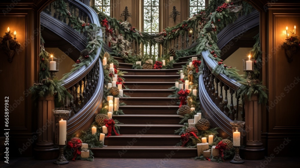 A beautifully decorated staircase with garlands, lights, and ornaments, welcoming guests into a festively adorned home.