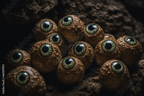 The gaze of strange eyes in the depths of a mysterious cave, creature eyeball