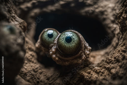 The gaze of strange eyes in the depths of a mysterious cave  creature eyeball