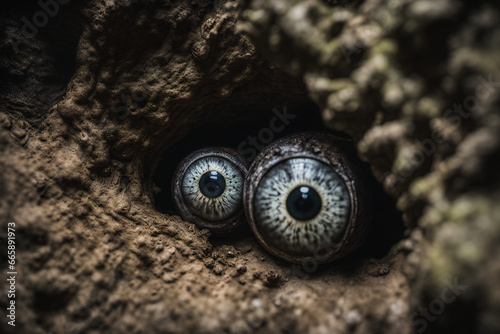 The gaze of strange eyes in the depths of a mysterious cave, creature eyeball
