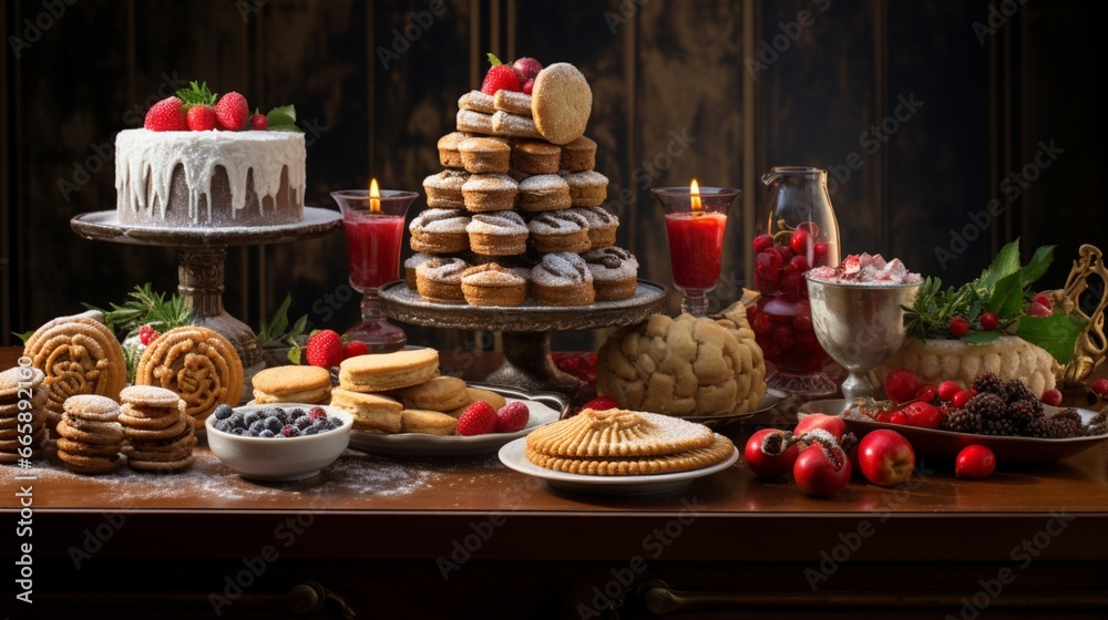A beautifully set dessert table with an assortment of holiday treats, including cookies, cakes, and pies.