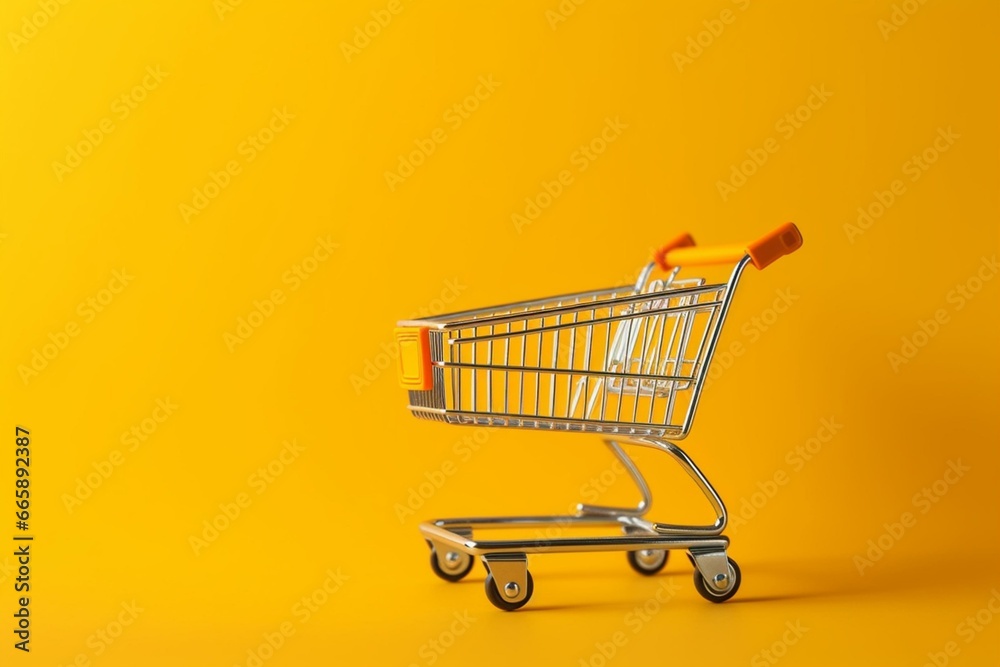 Full yellow shopping cart on yellow background. Generative AI