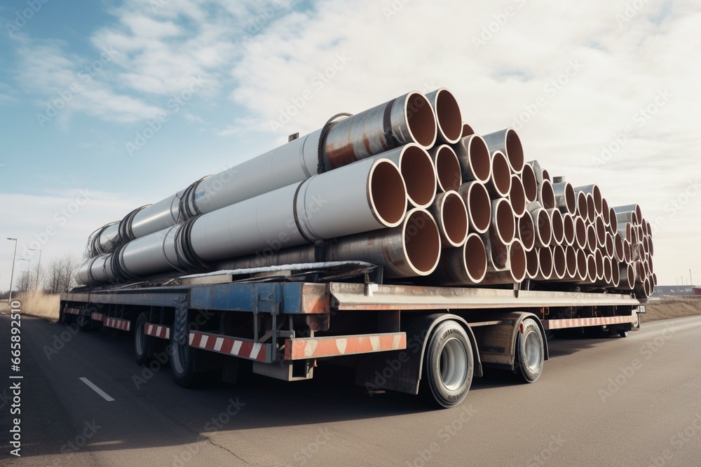 Transportation of steel pipes on a trailer. Generative AI - obrazy, fototapety, plakaty 