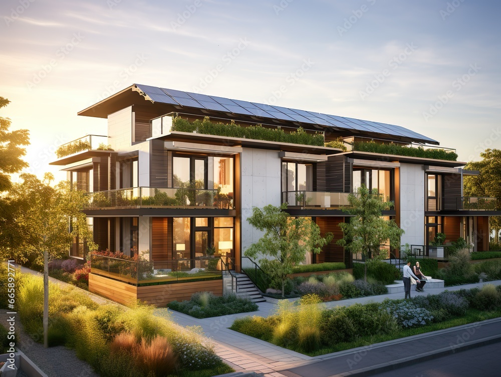 Contemporary sustainable multifamily residences equipped with solar panels