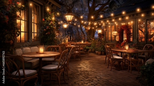 A charming outdoor patio  enveloped in the warmth of Christmas lights  perfect for a festive evening.