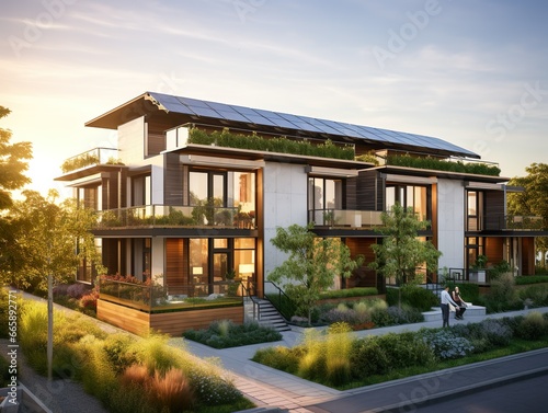 Contemporary sustainable multifamily residences equipped with solar panels