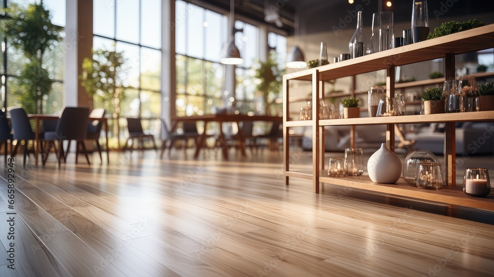 A 3d image of a modern office space, with wooden flooring.