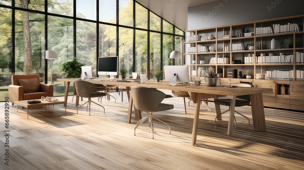 A 3d image of a modern office space, with wooden flooring.