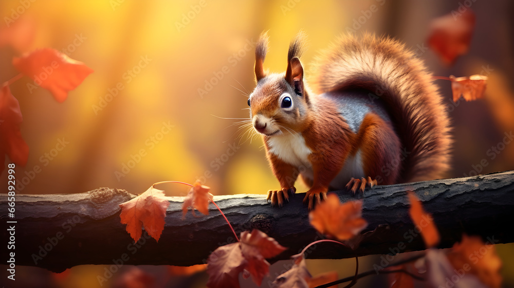 Red Squirrel on a Branch in Autumn