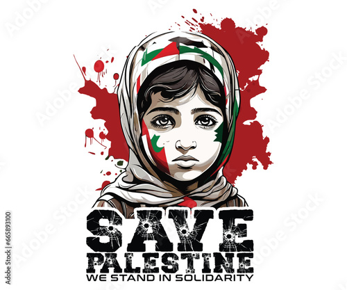 Save Palestine, vector t-shirt design, illustration of a Palestine child, with blood red spots on the background, can be used for screen printing t-shirts, etc.