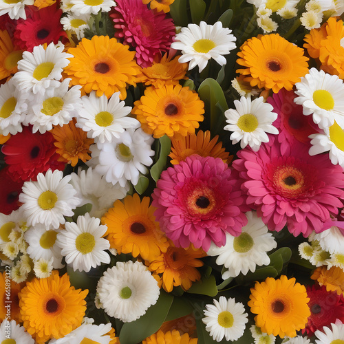 A cheerful bouquet featuring daisies, marigolds, and gerbera daisies.