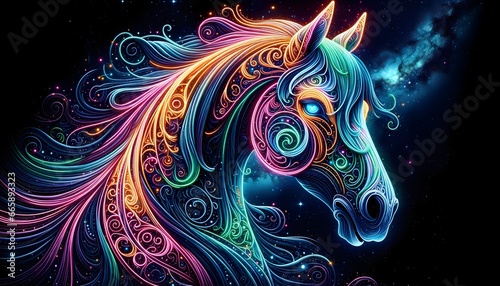 Ethereal neon horse illuminated with intricate filigree designs stands against a cosmic backdrop, its eyes reflecting the brilliance of faraway stars.