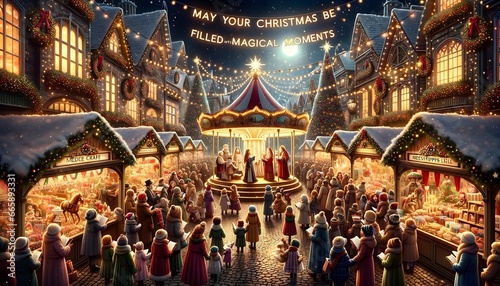 Enchanting Christmas market scene illuminating a snowy village, complete with festive stalls, a radiant carousel, and townsfolk reveling in the Yuletide spirit under a starlit sky.