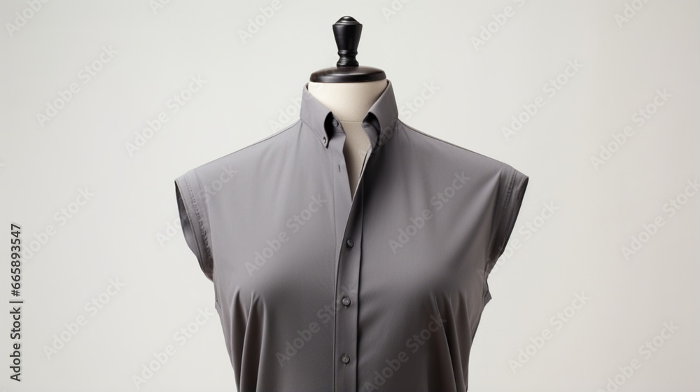 A slate gray shirt elegantly displayed on a mannequin with a clean white background. A slate gray shirt elegantly displayed on a mannequin with a clean white background.