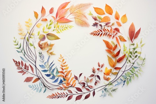 Artistic arrangement of watercolor leaves formed into wreaths, framing the center. Generative AI