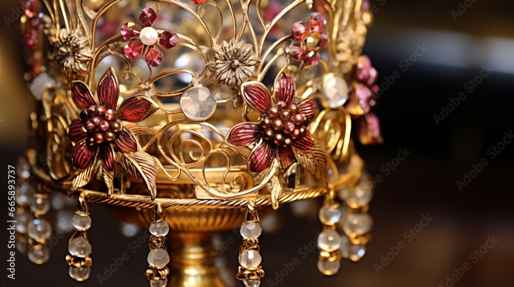 A close-up of a Christmas candle holder featuring intricate floral details and bead embellishments.