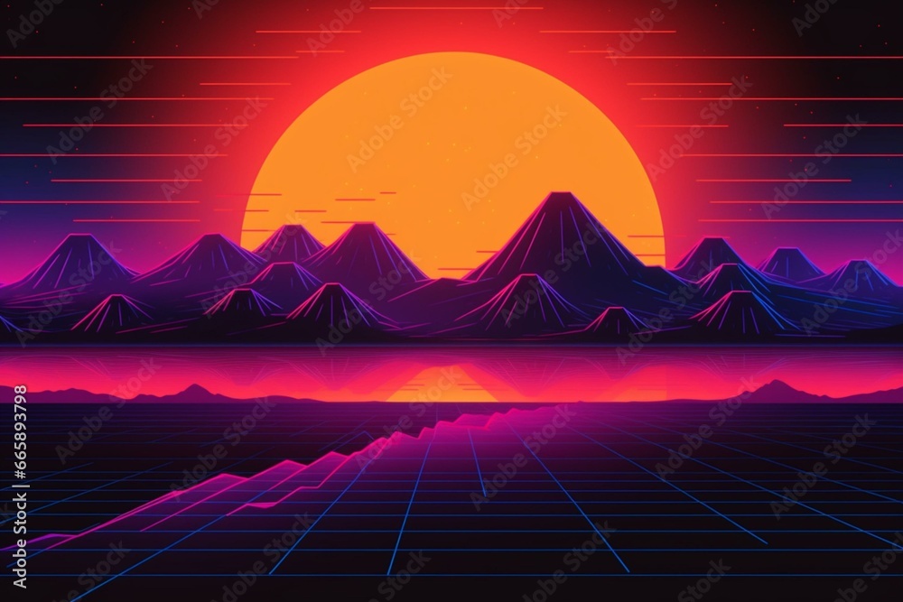 sunset with neon glow in 80s style. Generative AI