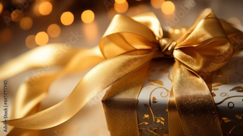 A close-up of a golden ribbon being tied into a bow on a beautifully wrapped Christmas present.