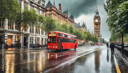 London street with red bus in rainy day