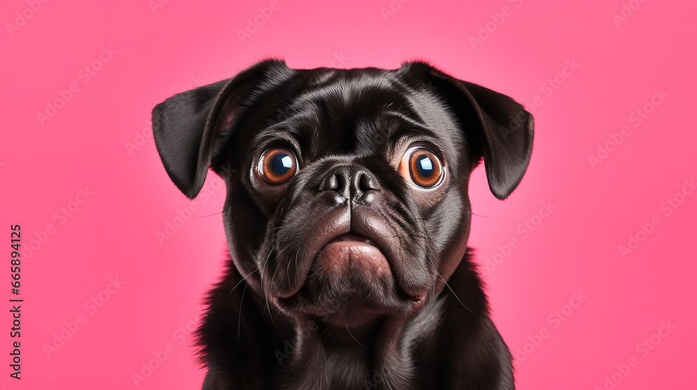 Hilarious bug-eyed pug stares in shock against bright pink backdrop, perfect for fun promotions