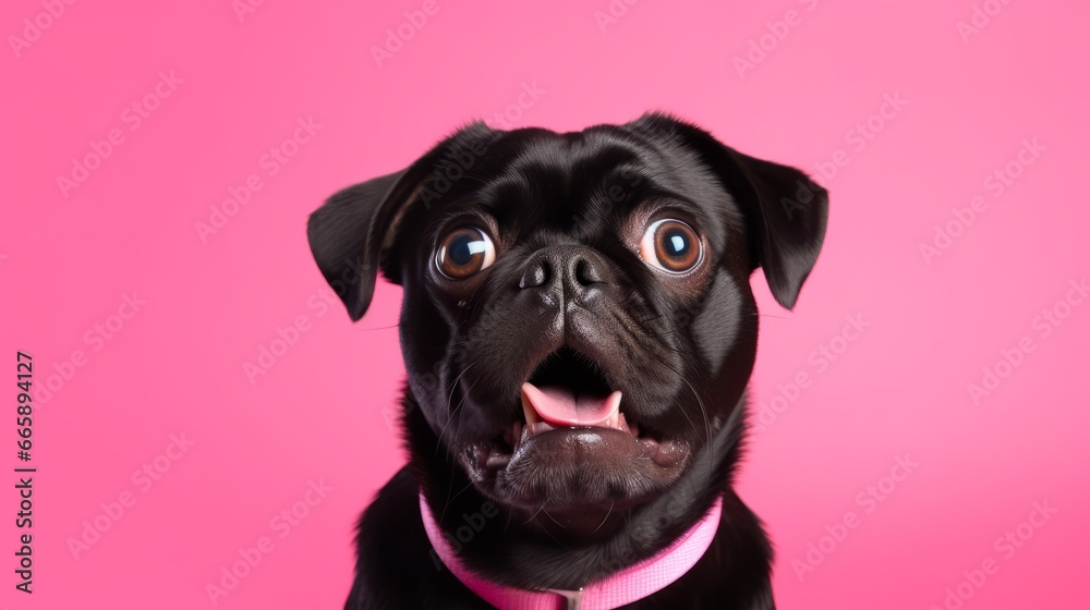 Hilarious bug-eyed pug stares in shock against bright pink backdrop, perfect for fun promotions