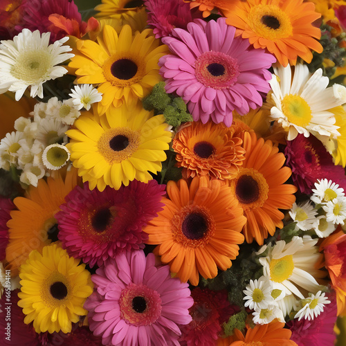 A cheerful bouquet featuring daisies, marigolds, and gerbera daisies © Art
