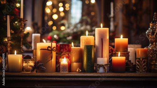 A collection of festive holiday candles in various sizes and shapes, casting a warm and inviting glow in a dimly lit room.