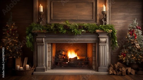 A cozy living room with a soft, glowing fire, adorned with a rustic wooden mantel showcasing holiday greenery and candles.