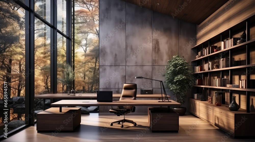 A modern office with wooden floor,