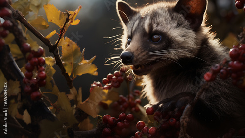 Photo of a wild civet cat finding coffee berries
