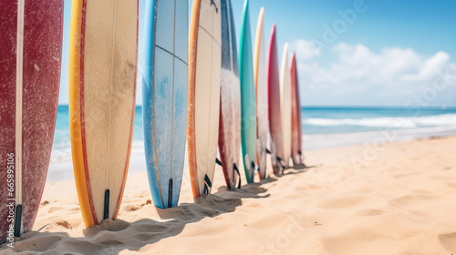 Close-up of a row of clean new Supboards on the tropical beach.