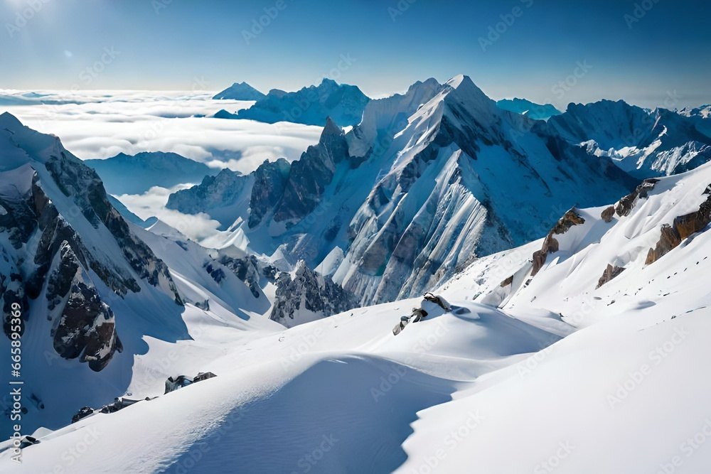 **A majestic view of snow-covered mountain peaks rising above the clouds. The stark contrast between the white snow, blue sky, and rugged terrain creates a striking backdrop.