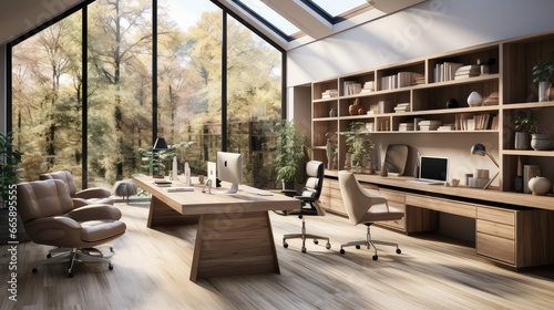 The interior of modern office with wooden floor.