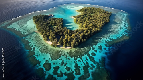 A beautiful view of a small island surrounded by coral reefs in the South Pacific as seen from the air