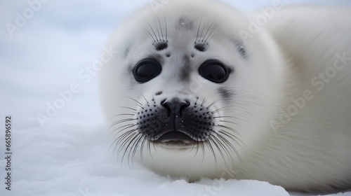 Close-up of a cute harp seal with light gray fur coat. Background is blurred snowscape. 