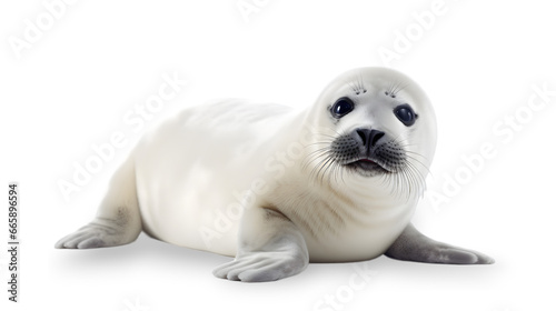  Side view. A cute young harp seal with a light colored fur coat looking at the camera. isolated on transparent background.