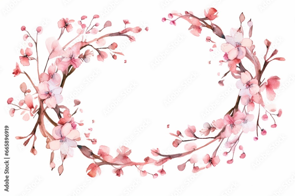 Delicate wreath with dancing watercolor cherry blossom flowers framed in a lovely pink hue. Generative AI