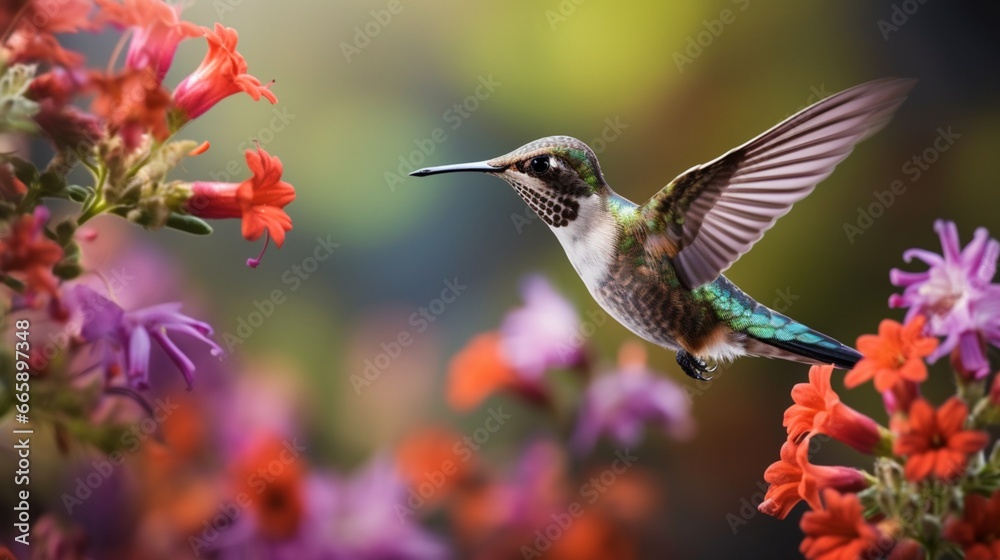 A close-up of a hummingbird in mid-flight, hovering near a vibrant array of wildflowers.