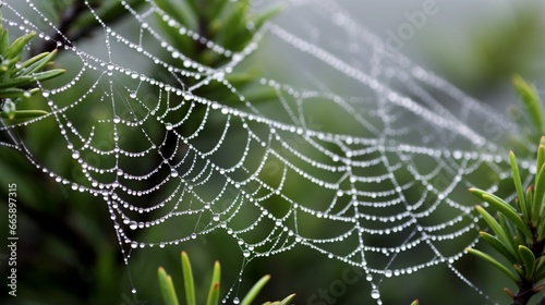 A close-up of a delicate, dew-covered spiderweb in the early morning.