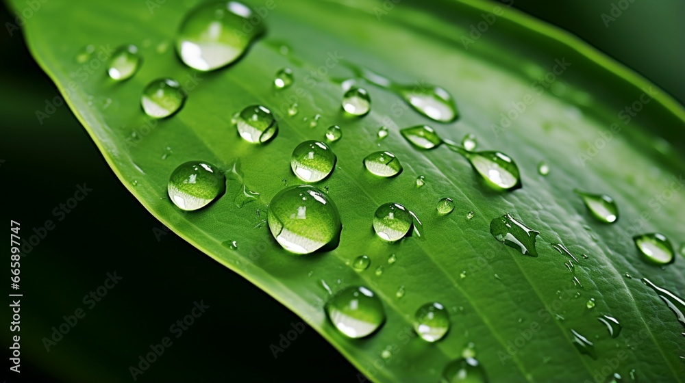 A close-up of a water droplet on a vibrant green leaf. A close-up of a water droplet on a vibrant green leaf.