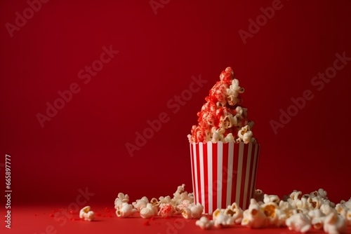 popcorn scattered on a red backdrop. sugary popcorn in cone. celebration of popcorn day. Generative AI