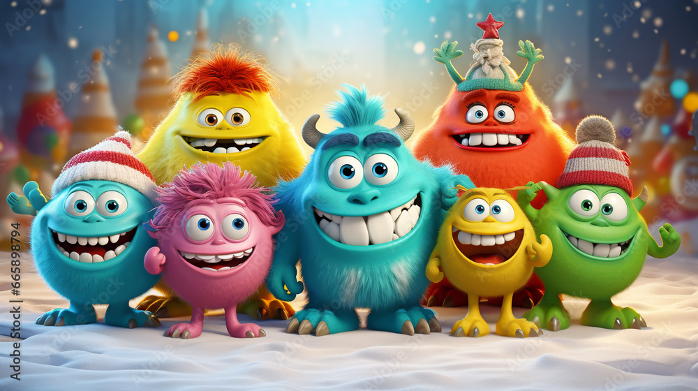 COLORFUL CHRISTMAS CARD WITH LAUGHING HAPPY CARTOON MONSTERS, HORIZONTAL IMAGE. image created by legal AI

