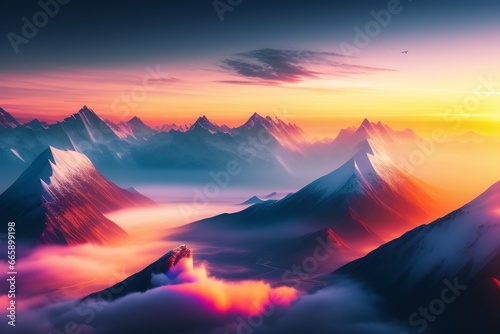 Aerial view of vast mountainscape with high mountains, eagle soaring above clouds, colorful sunset, snow, mist, volumetric light, clouds, sunset, epic, harmonious, peaceful, detailed, texture, high re photo