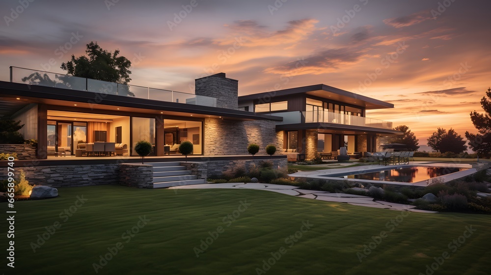 Contemporary Home Exterior with Colorful Sunset